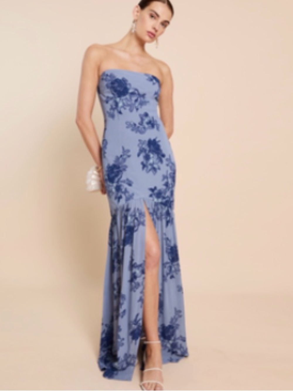 FEW MODA - Strapless Blue Floral Gown with Front Slit
